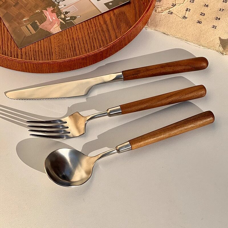 Imitation walnut wooden handle simple texture stainless steel spoon Fork suit household Western food spoon high-looking tableware