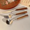 Imitation walnut wooden handle simple texture stainless steel spoon Fork suit household Western food spoon high-looking tableware