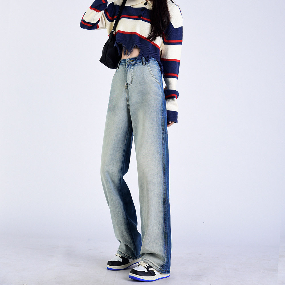 High Waisted Gradient Color Block Womens Jeans Slim Fit Loose Wide Leg Trendy Design Fall Winter Fashion Wholesale