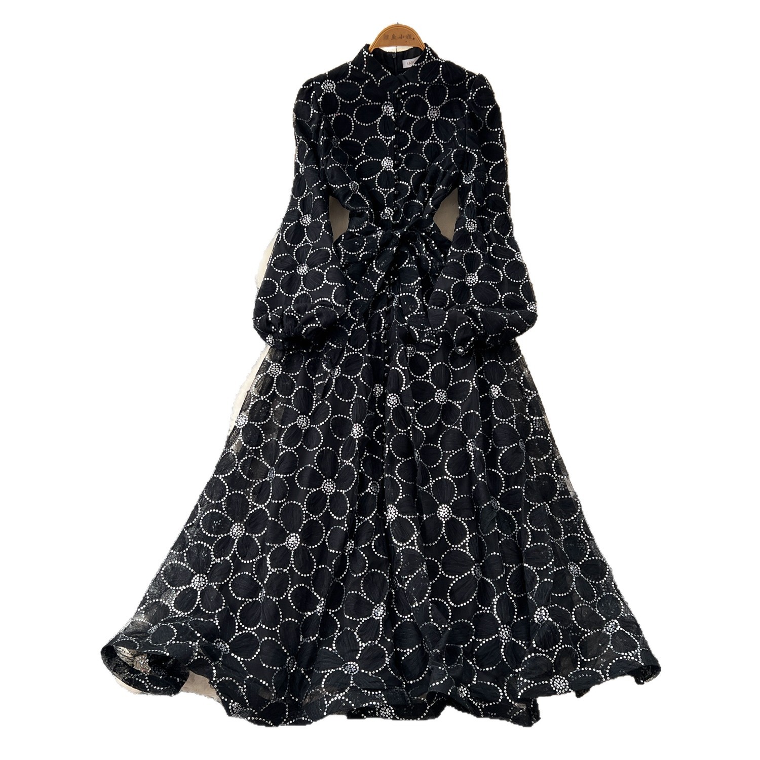 French Romantic Style Lace Dress Stand Collar Lantern Sleeves A Line Silhouette Waist Defining Elegant Evening Wear