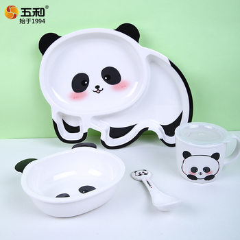 Wuhe Panda Melamine Tableware Food Grade Material Anti-Scalding Creative Cartoon Children's Bowl Divided Plate with Lid Cup Spoon