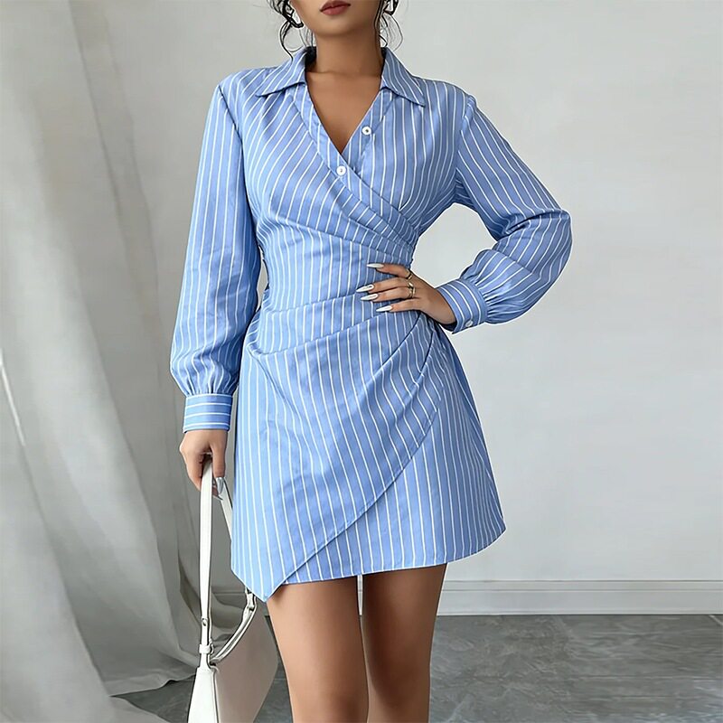Womens Summer Dress Elegant V Neck Striped Pleated Slim Fit Perfect for Casual or Formal Occasions Wholesale