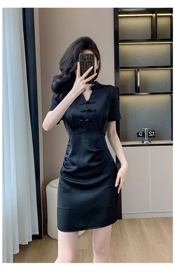 Váy Đầm Nữ Dáng Ôm Chiết Eo Phong Cách Trung Hoa Cổ Điển Màu Đen chi tiết 27