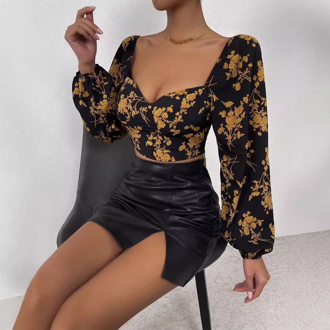 Vintage Floral Print T Shirt Short Puff Sleeves Square Neckline Lightweight Fabric Spring Summer Casual Wear
