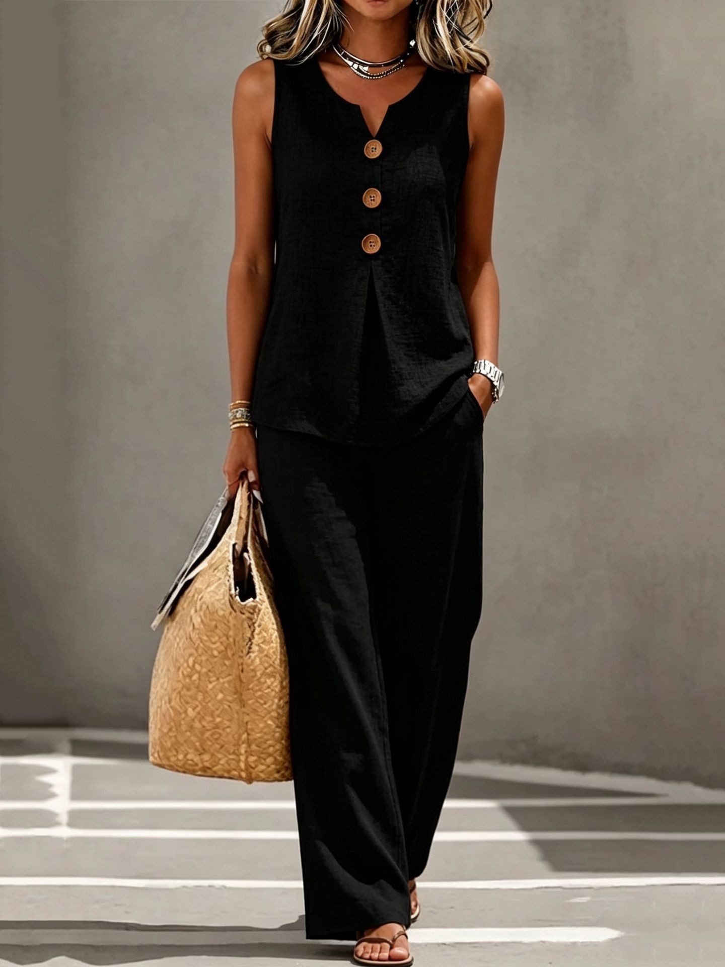 Sleeveless Button Up Top and Long Pants Set Comfortable Solid Color Summer Style Womens Casual Wear Wholesale