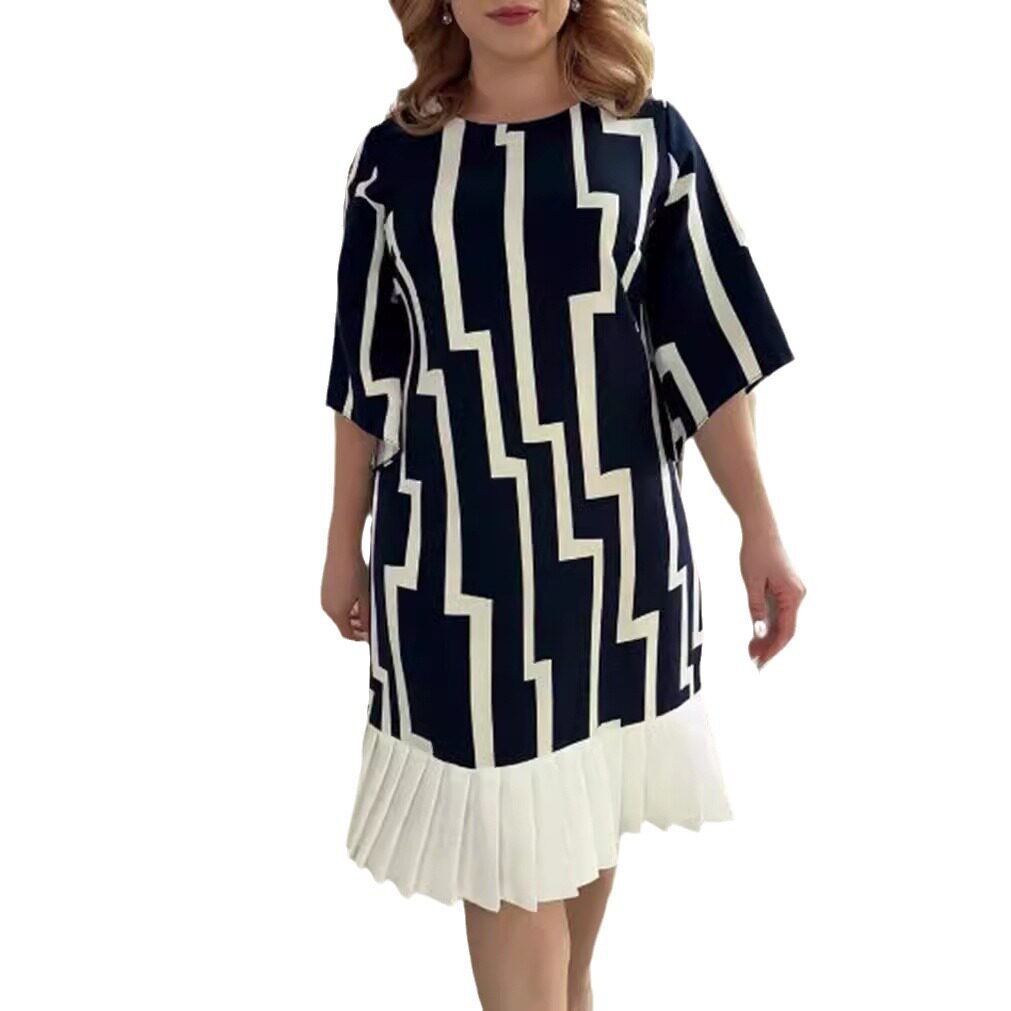 Summer Womens Pleated Dress Round Neck Striped Patchwork Elegant Style Perfect for Casual Outings Wholesale