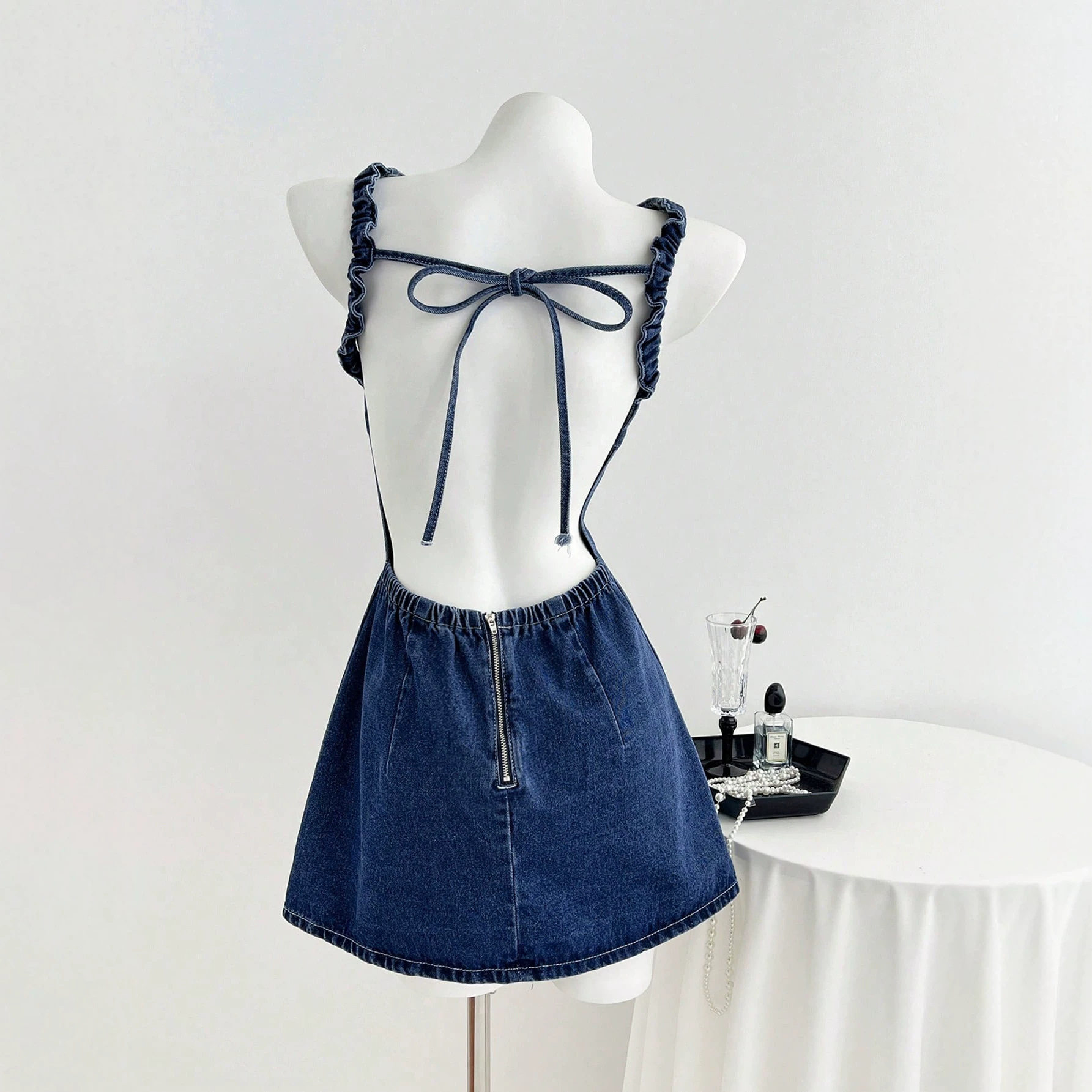 Summer Denim Dress Sexy Backless Design with Bow Tie Casual Wear for Women Ready to Ship bulk order
