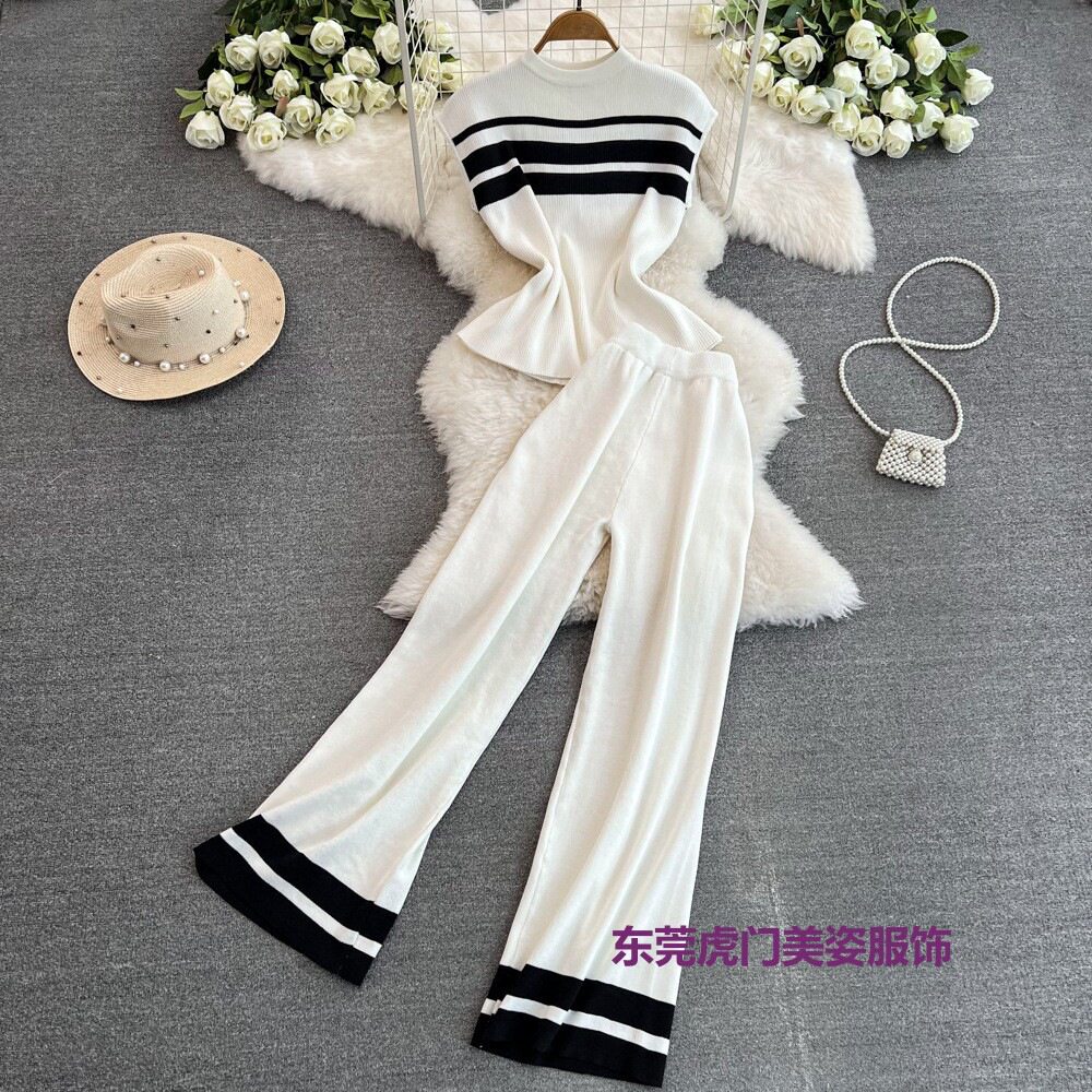 Fashionable suit Women's Korean-style Sleeveless Slim-fit Knitted Top Casual High Waist Slimming Straight Leg Wide-leg Pants Two-piece Set