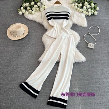 Fashionable suit Women's Korean-style Sleeveless Slim-fit Knitted Top Casual High Waist Slimming Straight Leg Wide-leg Pants Two-piece Set