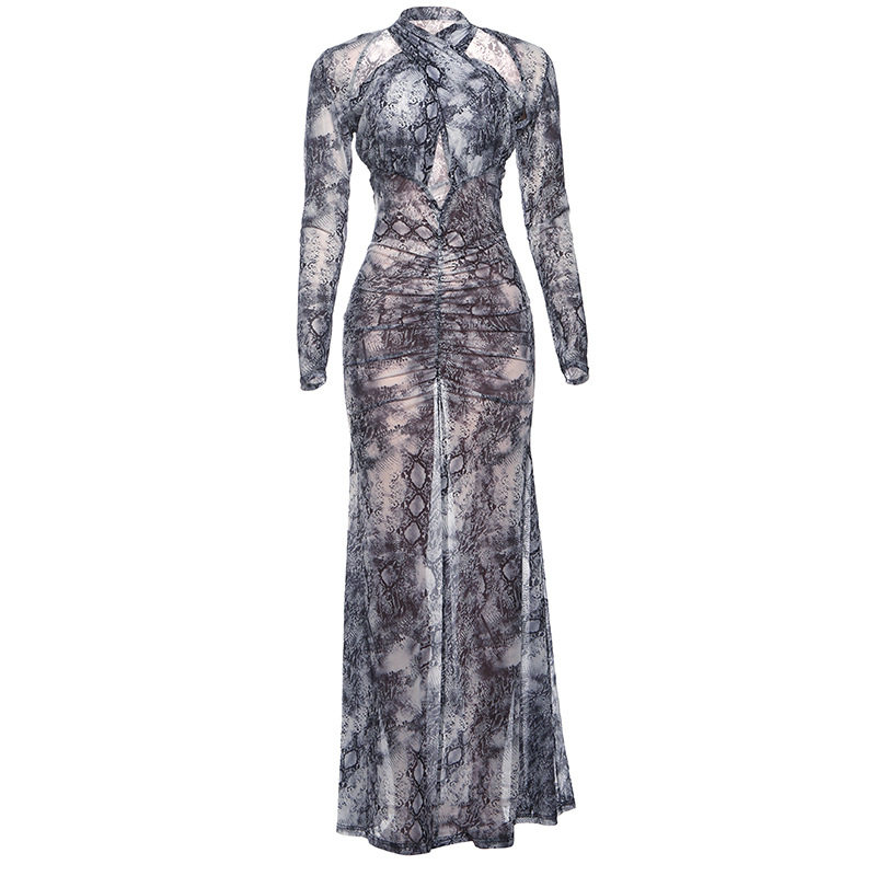 Fashionable Womens Hollow Out Halter Neck Snake Print Sexy Dress Autumn Collection Wholesale Available