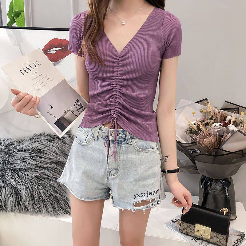Womens V Neck Knitted T Shirt Short Sleeve Slim Fit Solid Color Summer Casual Wear