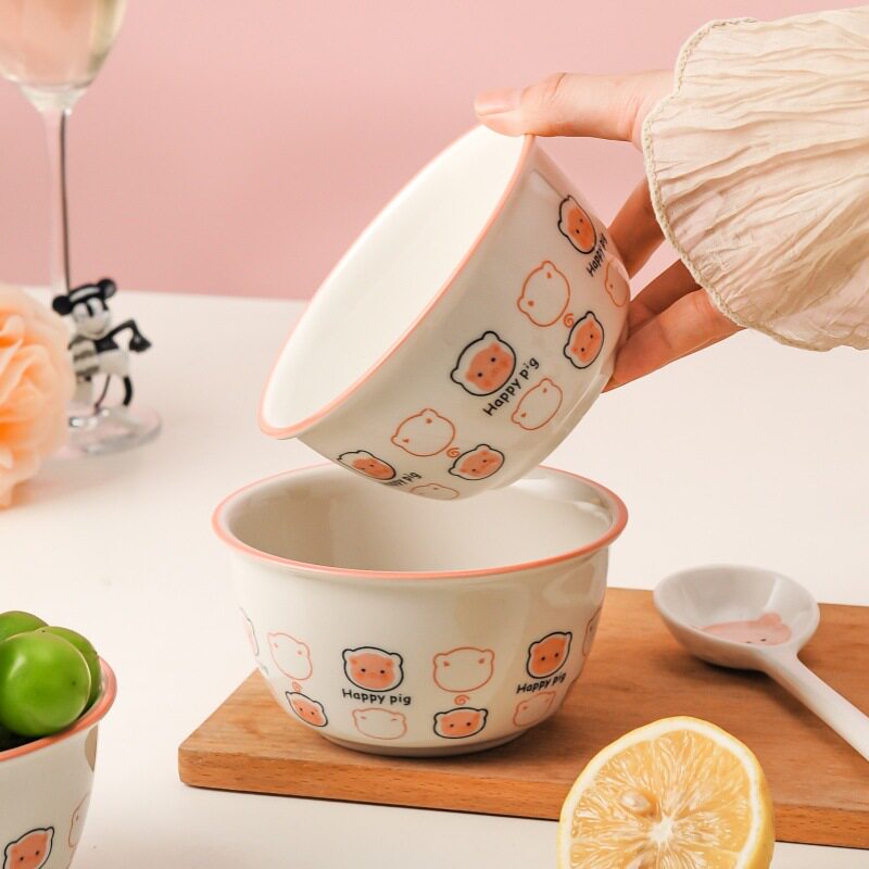 Piggy Ceramic Rice Bowl Set for Home Use, Cute Instant Noodle and Yogurt Bowl, Personal Use, Single Serving Tableware, Adorable and Fun