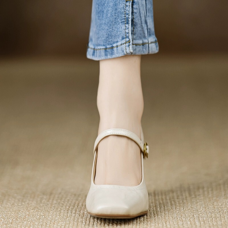 Giày Mary Jane nữ mũi vuông quai ngang phong cách cổ điển — Màu đen 5cm, Màu đen 7cm, Màu đỏ 5cm, Màu đỏ 7cm