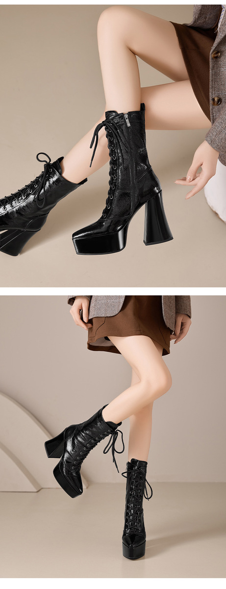 Boot nữ cao gót 12cm buộc dây phối ren đế dày cổ thấp — Da bò đen + lót nhung ren, Da bò đen + lót ren, Lớp lót bằng da bò màu đen