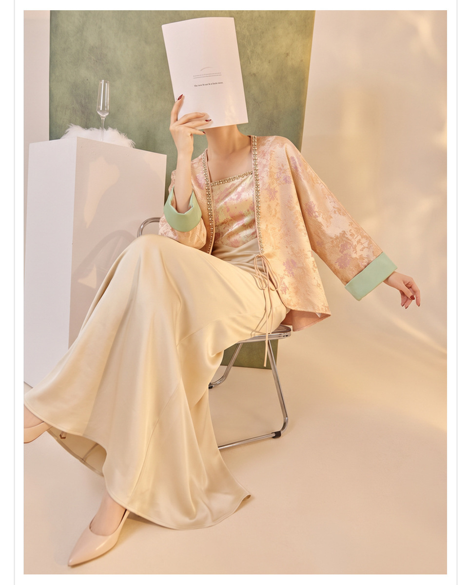Bộ đầm nữ hai mảnh áo khoác cardigan dài tay buộc dây kèm váy hai dây dáng đuôi cá — Áo khoác (giao hàng trong 7 ngày), Váy hai dây (giao hàng trong 7 ngày), Bộ sản phẩm (giao hàng trong 7 ngày)