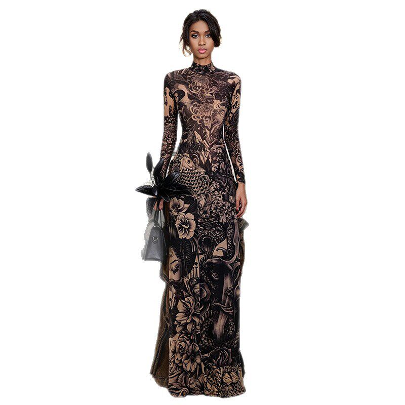Fashion Long Sleeve High Split Top Unique Print Half Turtleneck Trendy Design Spring Womens Apparel Wholesale