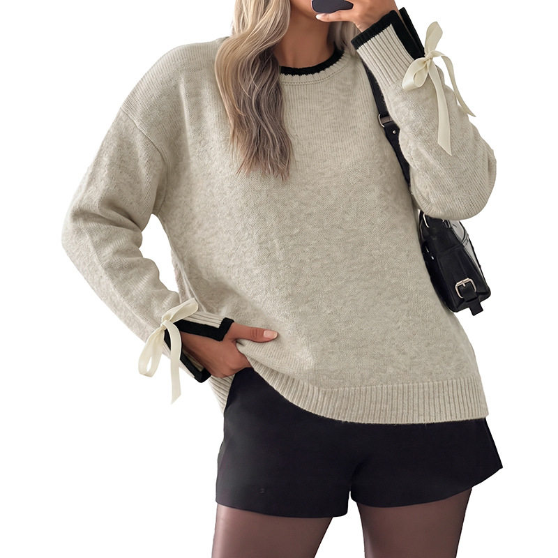 Color Block Bow Sleeve Sweater Cozy Trendy Soft Fabric Casual Wear Fall Winter Wholesale Available