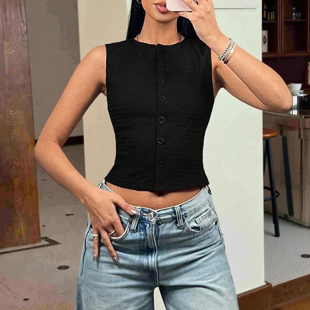 Sleeveless Knit Crop Top Round Neck Slim Fit Lightweight Fabric Spring Summer Casual Wear Wholesale Available
