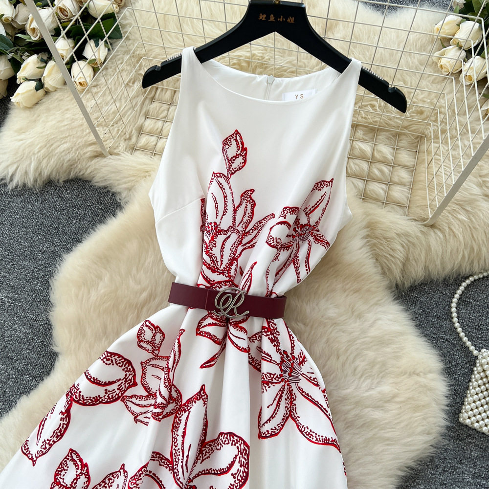 Elegant French Vintage Sleeveless Maxi Dress Floral Print Waist Tie High Quality Fabric Spring Fashion Wholesale