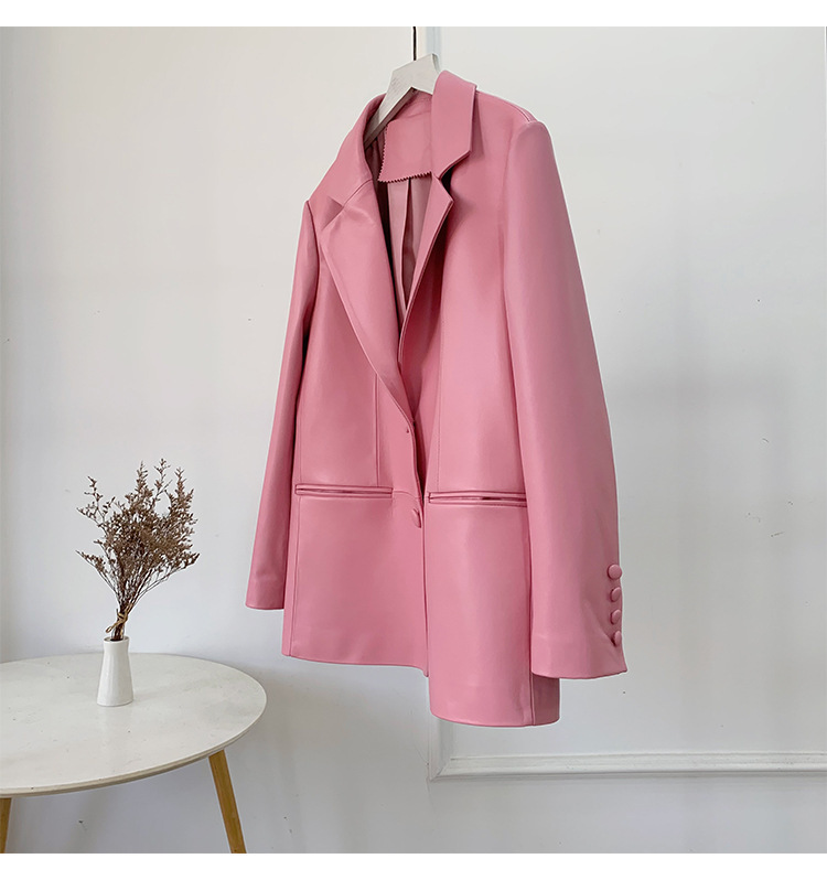 Áo khoác da cừu nữ dáng blazer phối cúc một hàng — Màu cà phê, Màu đen, Màu hồng