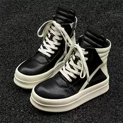 2024 New Inverted Triangle Thick-Soled Sneakers for Men, Autumn and Winter Black and White Fashionable Genuine Leather Dark High Street Couple Trendy Shoes