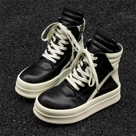 2024 New Inverted Triangle Thick-Soled Sneakers for Men, Autumn and Winter Black and White Fashionable Genuine Leather Dark High Street Couple Trendy Shoes