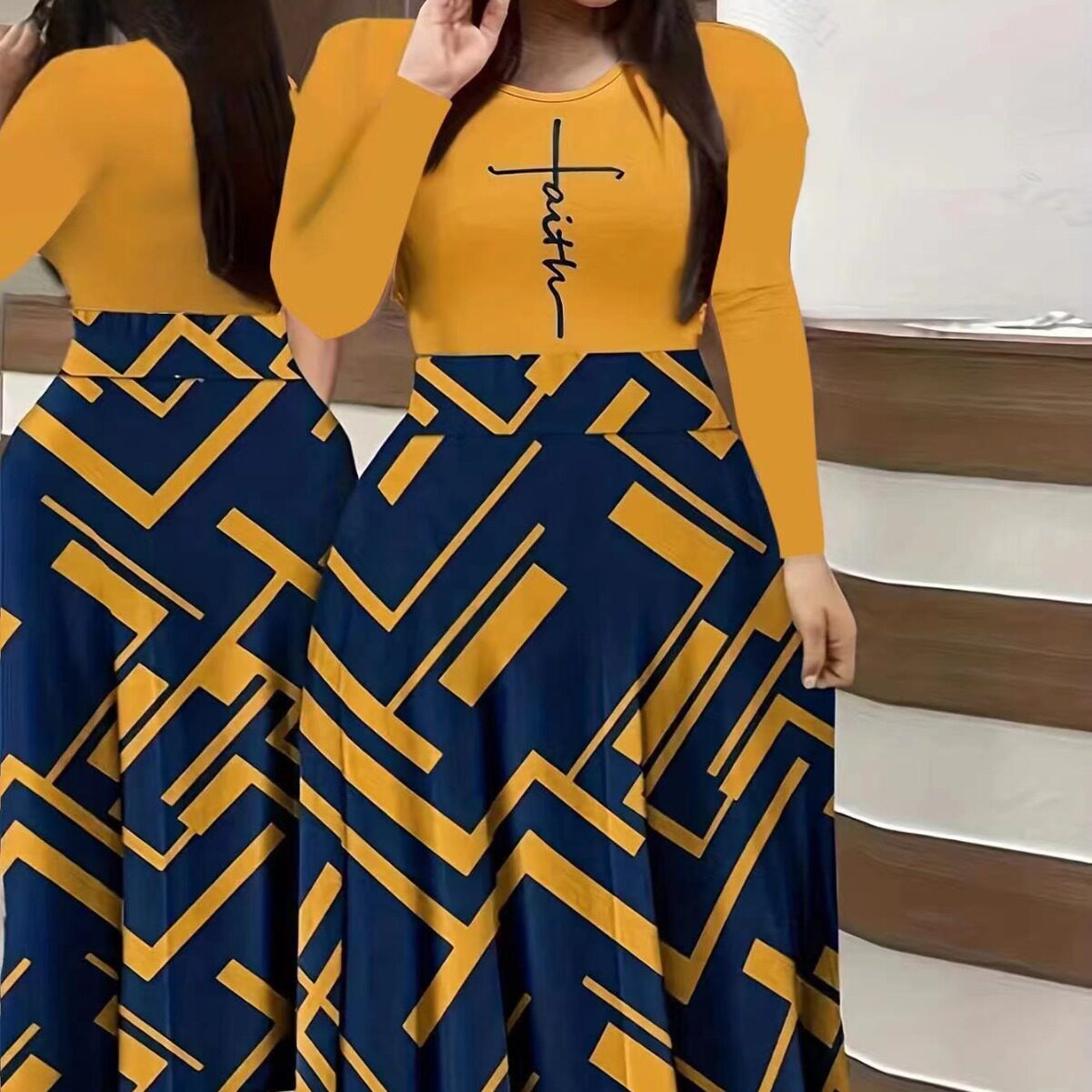 Women's Printed Casual Crew Neck Long-Sleeve Dresses