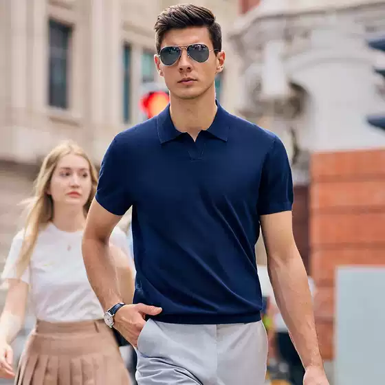Soft, Delicate, Cool Lapel Business Polo Shirt for Men, Summer Knitted Short-Sleeve, Seagull Collar, Foreign Trade Cross-Border Wholesale