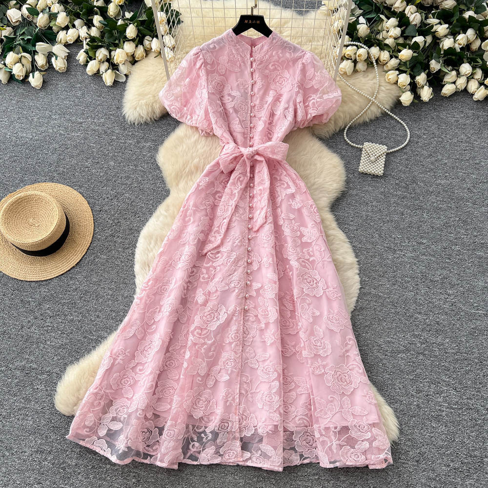 Elegant Lace Embroidered Dress High Waist A Line Silhouette Summer Style Perfect for Office and Formal Events