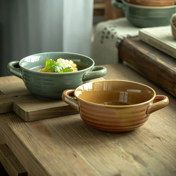 Retro Creative Ceramic Double-Eared Bowl 6inch with Ear Bowl Salad Bowl Household Instant Noodle Bowl Curry Rice Bowl Tableware