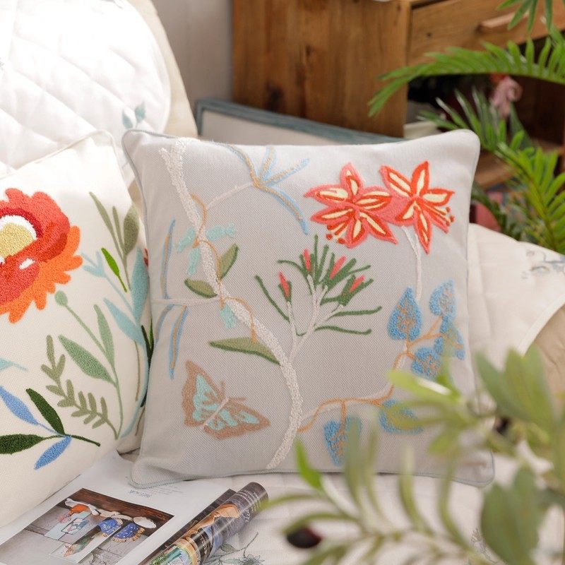 Pastoral Embroidered Fabric Pillow Cover Sofa Cushion Lu Embroidery Office Lumbar Pillow American Country Style Cushion Cushion Cover
