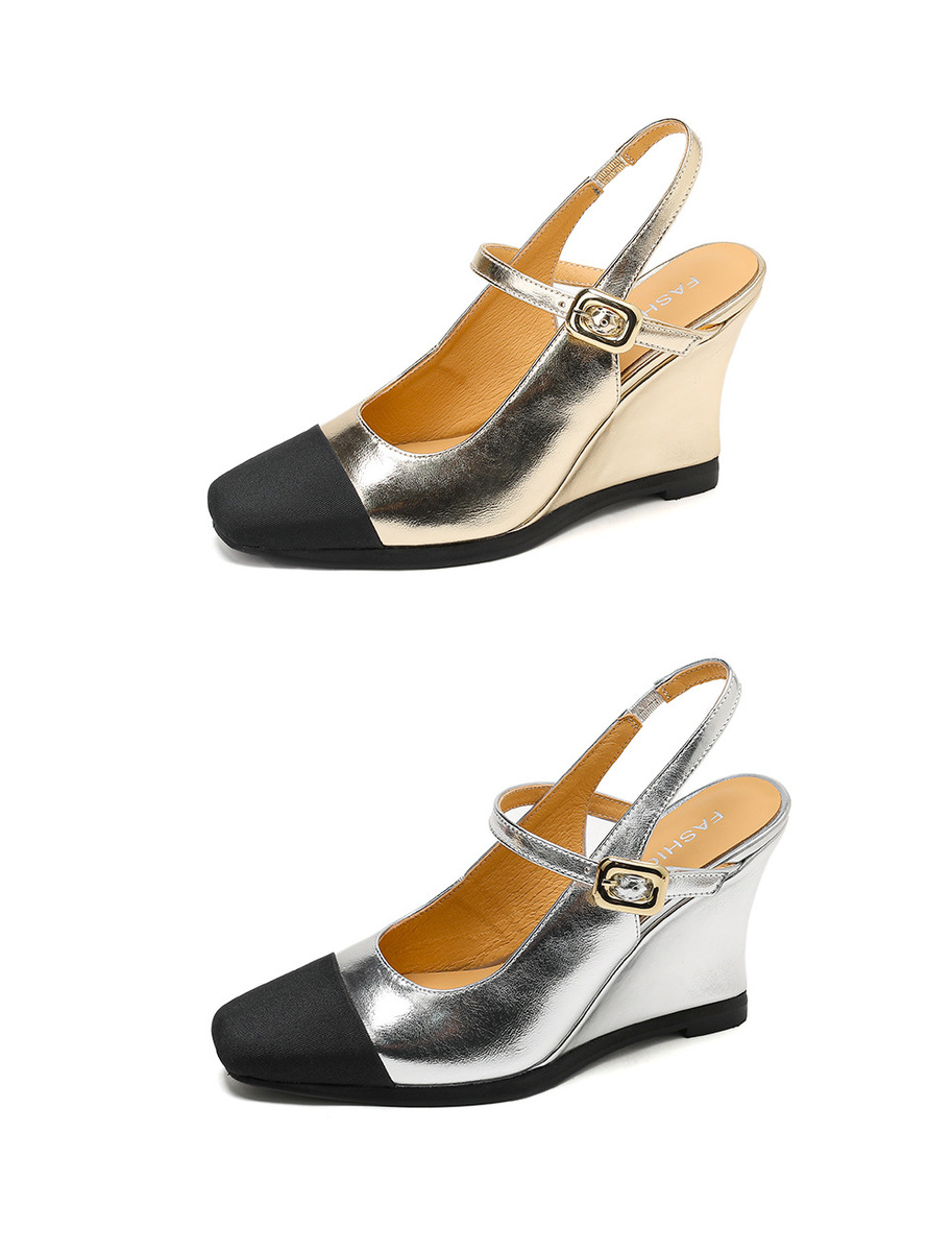 Sandal nữ mũi vuông bít mũi hở gót gót xuồng quai ngang — Màu bạc, màu vàng kim