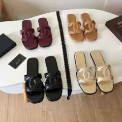 Authentic Double C Hollow-Out Slippers for Women, Chanel-Style Casual Versatile Flat Sandals for Outdoor Wear, Suitable for Europe, America, Middle East, and Singapore