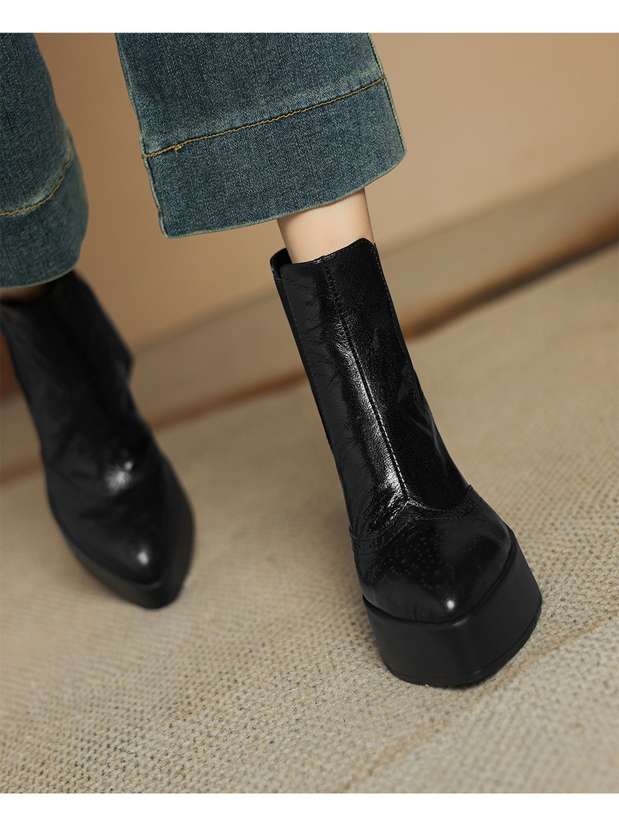 Boot nữ cổ thấp gót thô mũi nhọn phong cách Chelsea — Màu đen lót một lớp, Màu đen lót nhung, Màu nâu lót một lớp, Màu nâu lót nhung