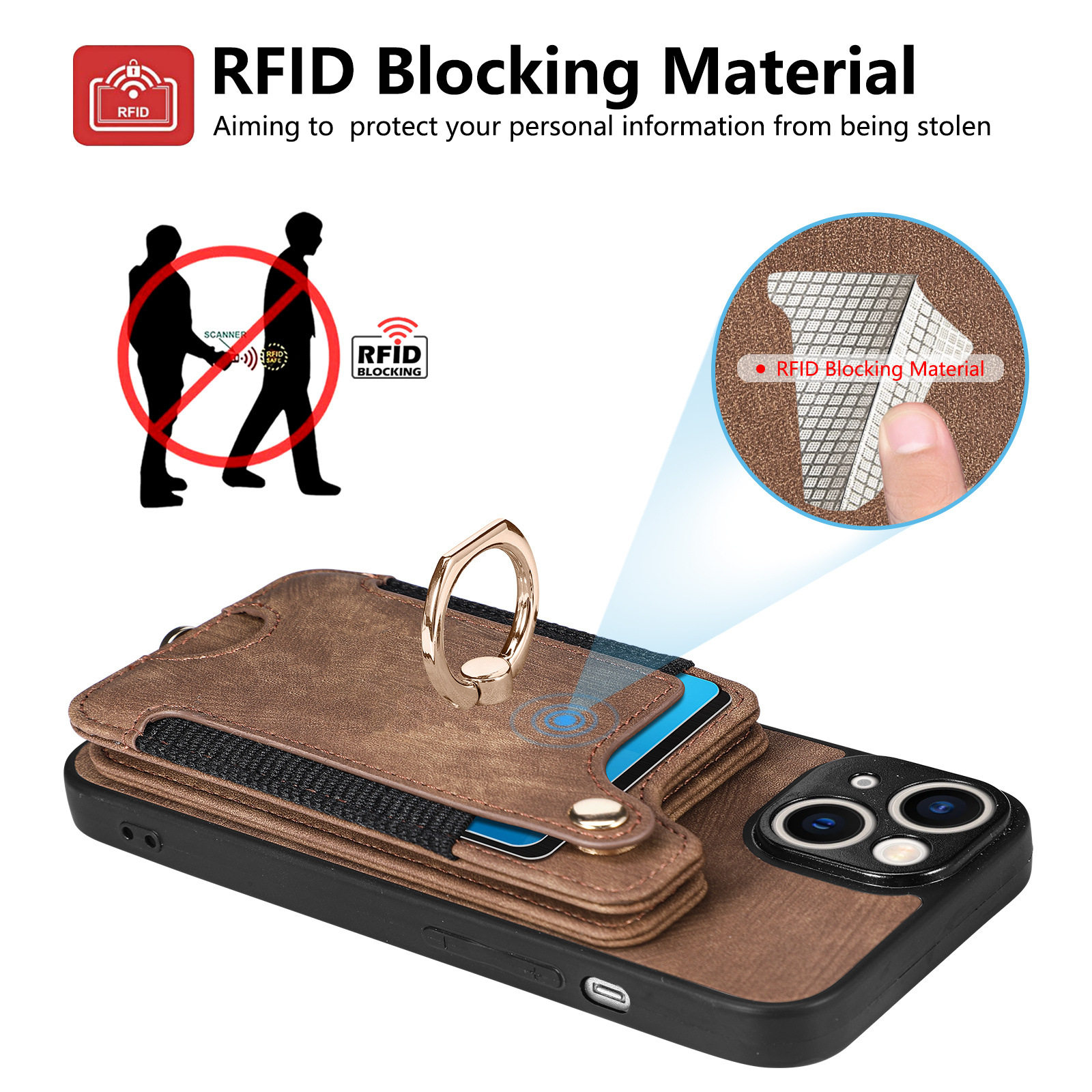 Suitable for Iphone17 Mobile Phone Leather Case Rfid Anti-Theft Brush Ring Buckle Lanyard Multi-Function Card Holder Apple Mobile Phone