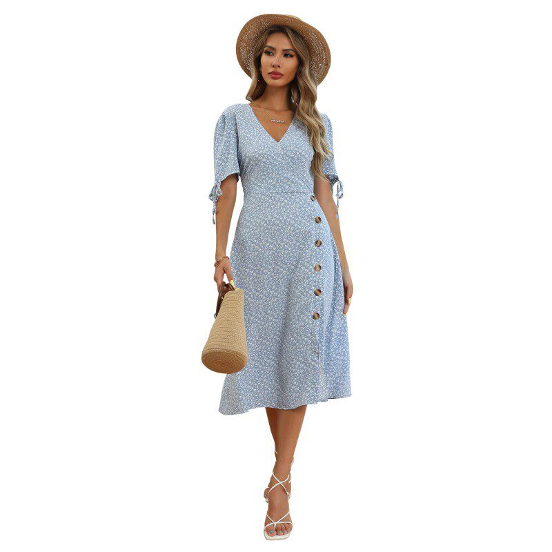 Vintage Floral Midi Dress Slim Fit V Neck Puff Sleeves Side Slit Perfect for Spring Summer Events Wholesale