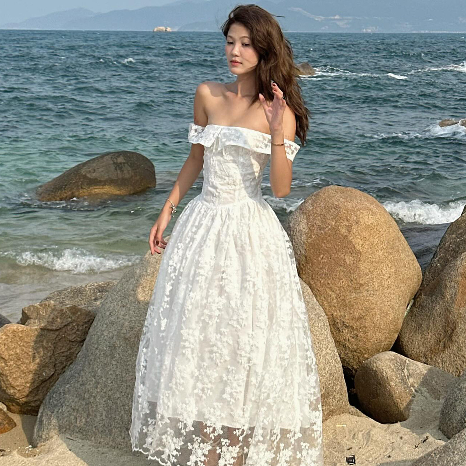 Elegant Off Shoulder Sleeveless Dress French Style Sweet Aesthetic High Quality Fabric Spring Summer Occasion