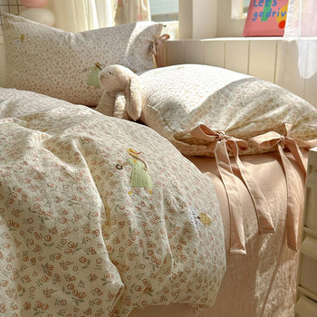 Cotton and Linen Small Fresh Cartoon Four-Piece Set with Bow Tie Style Girl's Printed Quilt Cover and Three-Piece Bed Sheet Set