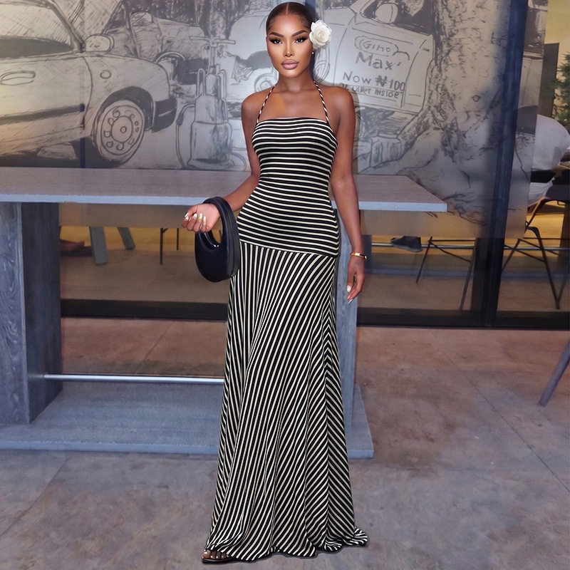 French Style Striped Maxi Dress Summer Collection Halter Neck Backless Elegant Design Wholesale Available