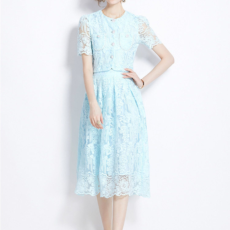Elegant Womens Two Piece Set French Lace Puff Sleeve Blouse High Waisted Slim Skirt Perfect for Formal Occasions