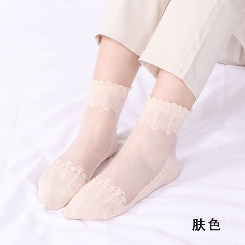 春季薄款中筒袜棉底玻璃丝袜子女蕾丝花边短款袜子防滑透气水晶袜