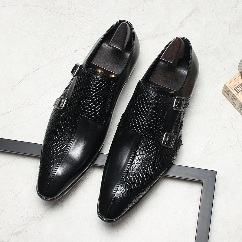 Giày da nam monk strap khóa đôi mũi nhọn da bò thật — màu đen, Màu đỏ rượu