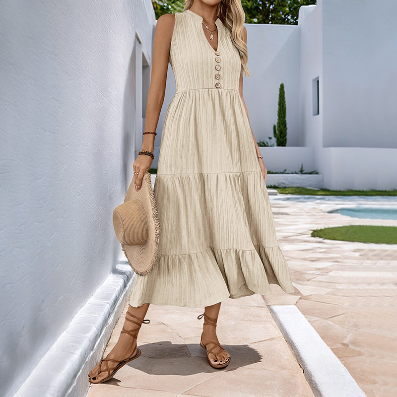 Summer Casual Midi Dress Button Detail Solid Color V Neck Sleeveless Perfect for Everyday Wear Wholesale Available