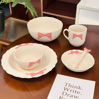 Girls' High-Looking Bow-Knot Rice Bowl with Beads and Dots, Hand-Painted Household Soup Bowl, Pink Girly Heart Dish Plate, Underglaze Color Tableware