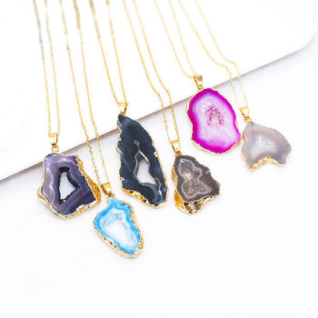 Natural stone agate Crystal hole raw stone slice gold edge pendant necklace irregular crystal pendant jewelry clavicle chain