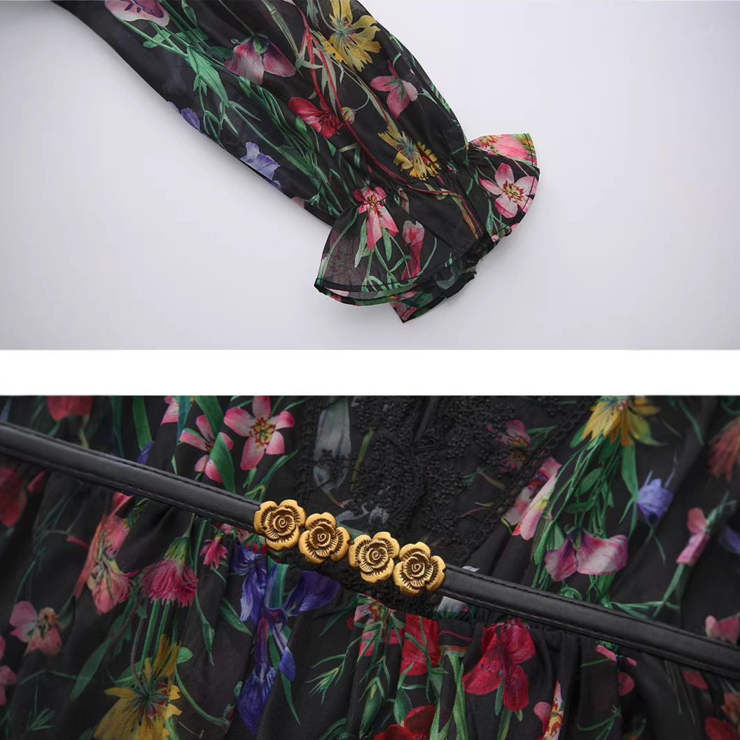French Vacation Style Sweet Floral Patchwork Lace V Neck Dress Slim Fit Mid Length Spring Autumn Wholesale Available