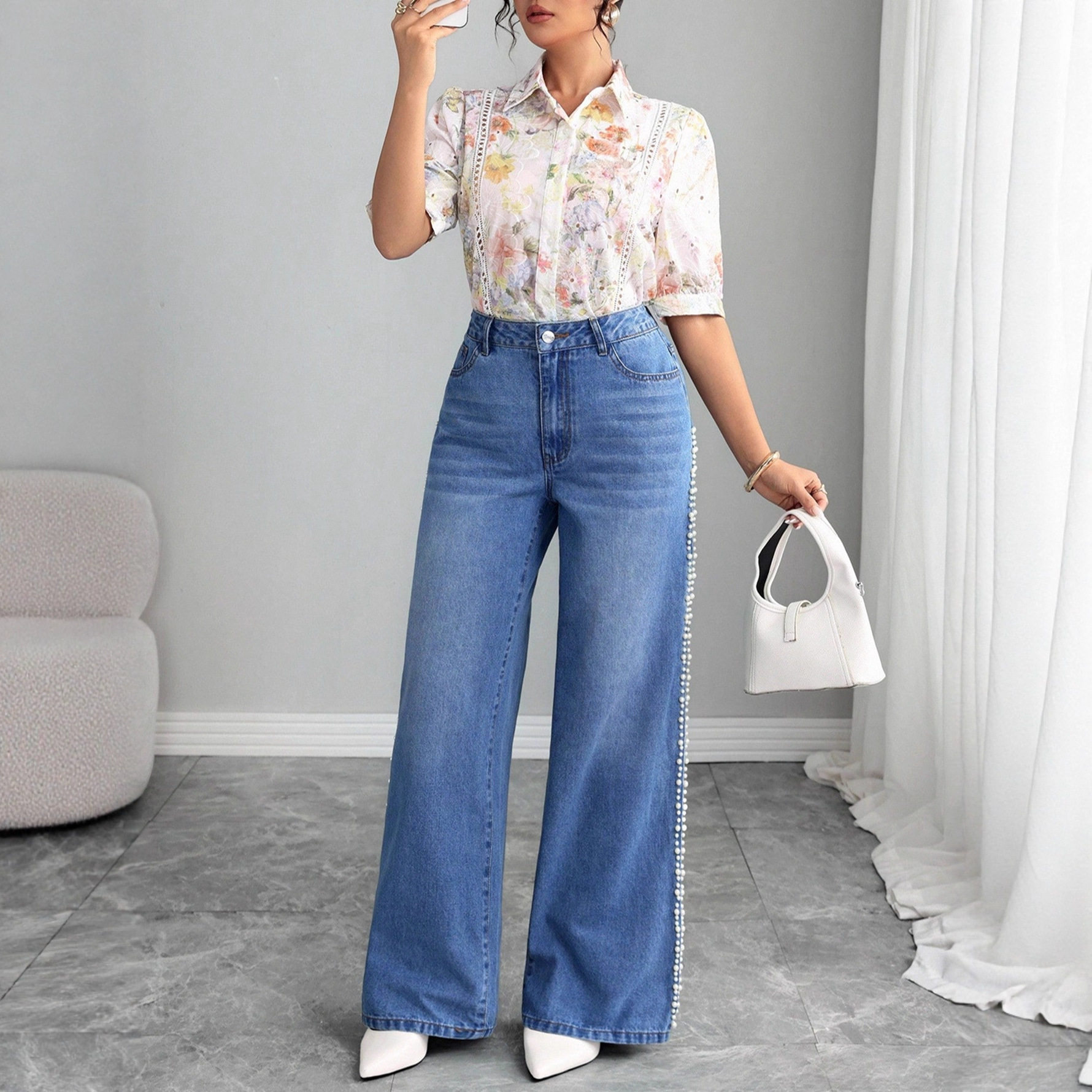 Loose Fit Pearl Lace Wide Leg Jeans Simple Fresh Design Casual Wear for Women Wholesale Available