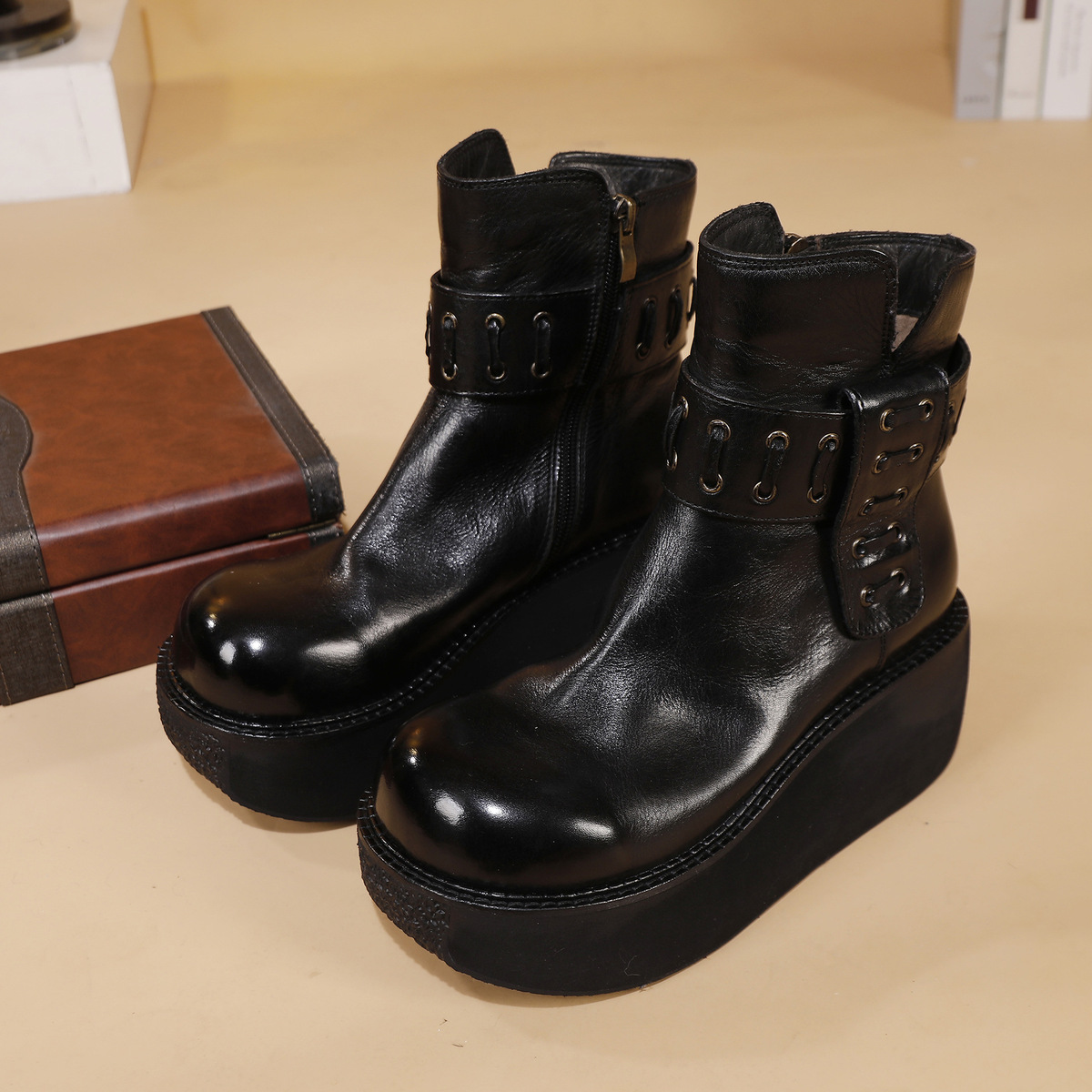 Boot nữ cổ cao da bò lót lông giữ ấm gót vừa — Lớp lót nhung đen, Lớp lót nhung màu nâu