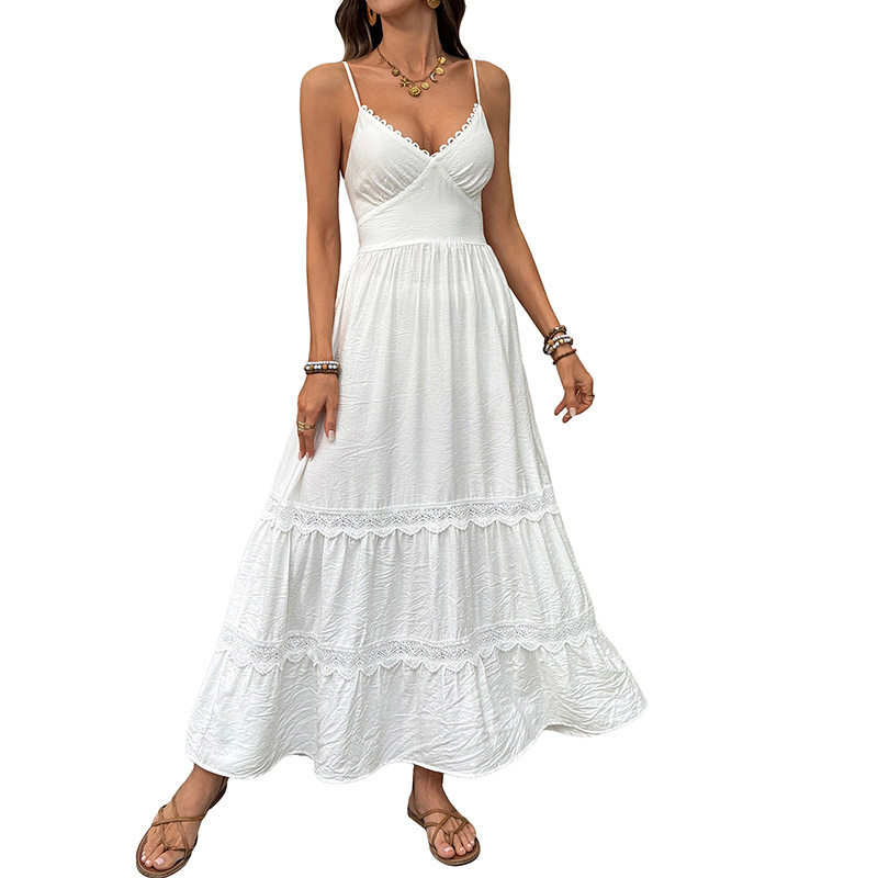 White Lace Trim Maxi Dress Simple Elegant Vacation Style Perfect for Summer Events OEM Available