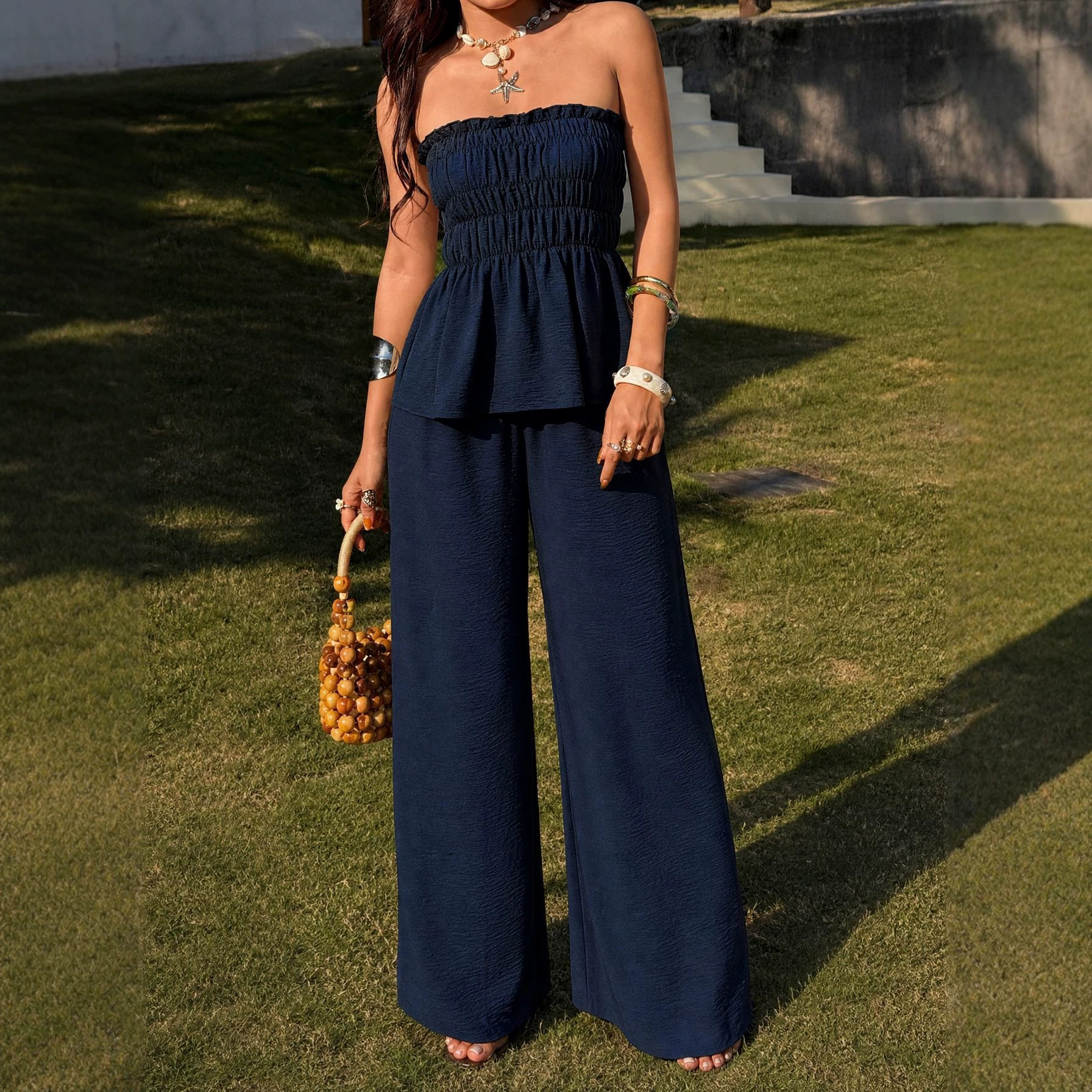 Off Shoulder Crop Top and Wide Leg Pants Set Slim Fit Waist Defining Chic Style Perfect for Summer Events Wholesale